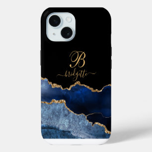 Gold Monogram Navy Blue Black Gold Agate Geode iPhone 15 Case