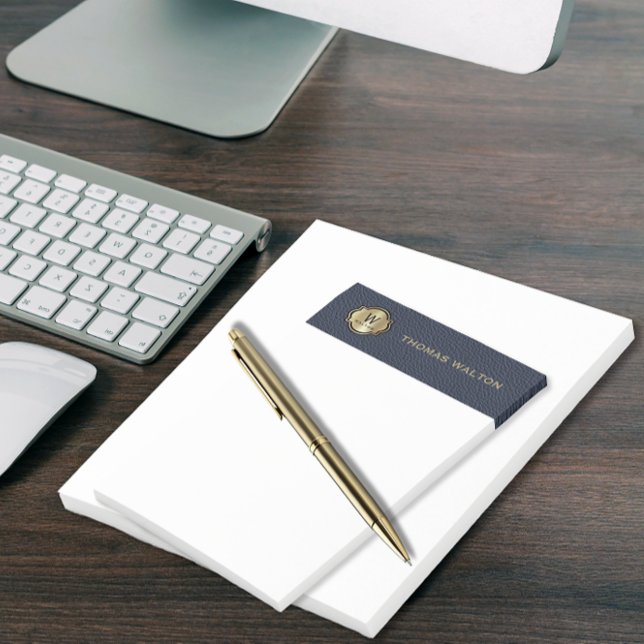 Gold Monogram Navy Blue Leather Look Elegant Post-it Notes (Creator Uploaded)