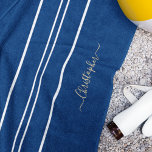 Gold Monogram Navy Blue White Racing Stripes Pool Beach Towel<br><div class="desc">Make a splash, stand out, create your own custom, personalised, cool, classy, stylish, classic, navy blue and white racing stripes design, faux gold typography / script monogram, trendy, machine washable, custom beach towel. To customise, simply type in your name / monogram / initials / family name. A cool custom towel...</div>