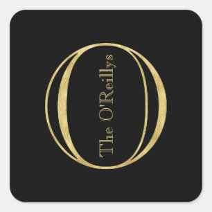 Gold Monogram O and Name on Any Colour Square Sticker