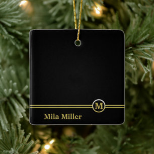 Gold Monogram on black background Ceramic Ornament
