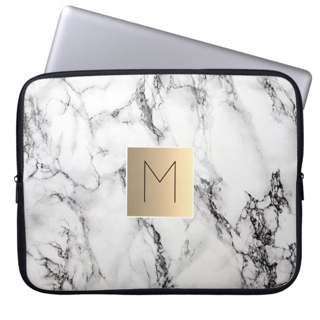 gold monogram on marble laptop sleeve (Front)