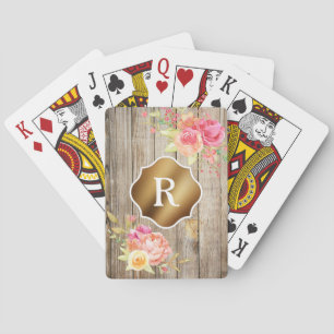 Gold Monogram on Pink Flowers and Rustic Wood Playing Cards