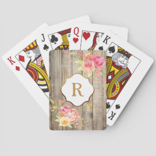 Gold Monogram on Pink Flowers Rustic Wood Playing Cards
