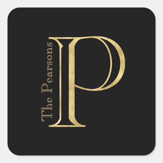 Gold Monogram P and Name on Any Colour Square Sticker (Front)