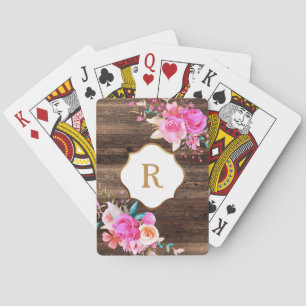 Gold Monogram Pink Flowers Rustic Brown Wood Playing Cards