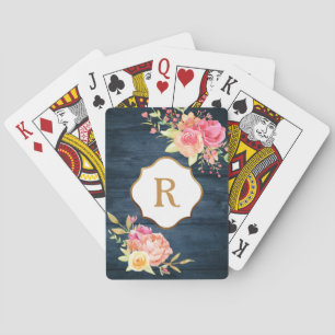 Gold Monogram Pink Flowers Rustic Navy Wood Playing Cards