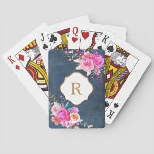 Gold Monogram Pink Flowers Vintage Blue Texture Playing Cards