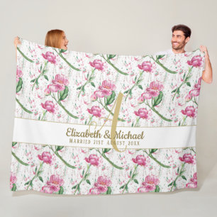 Gold Monogram Pink Peonies Green Leaves Newlyweds Fleece Blanket