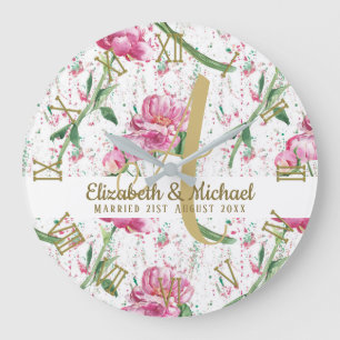 Gold Monogram Pink Peonies Green Leaves Newlyweds Large Clock