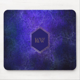 Gold Monogram Purple Blue Marble Mouse Pad