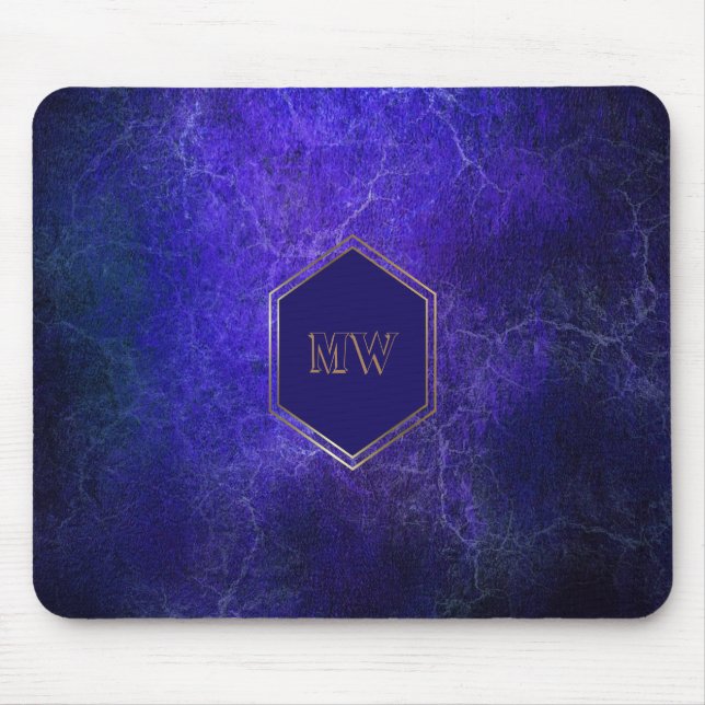Gold Monogram Purple Blue Marble Mouse Pad (Front)
