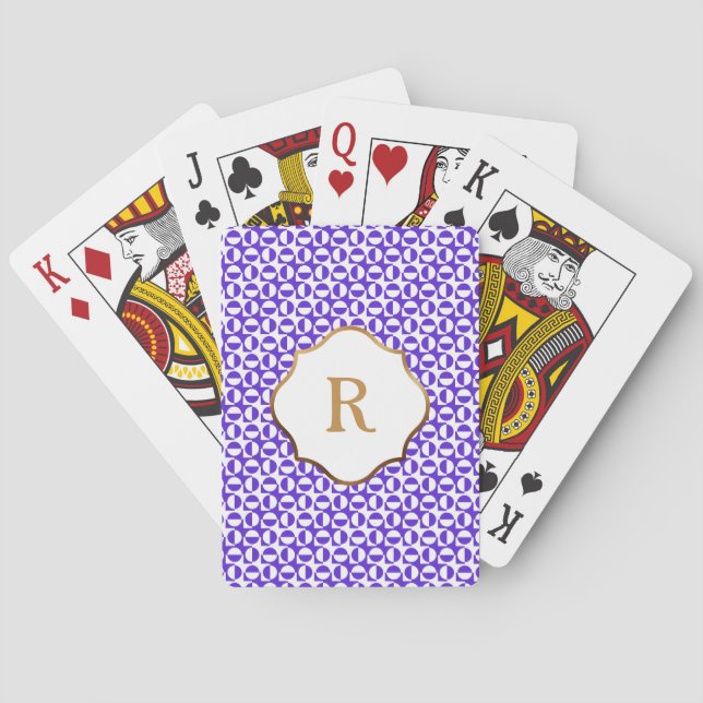 Gold Monogram Purple White Diagonal Retro Pattern Playing Cards (Back)