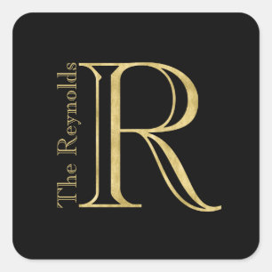 Gold Monogram R and Name on Any Colour Square Sticker