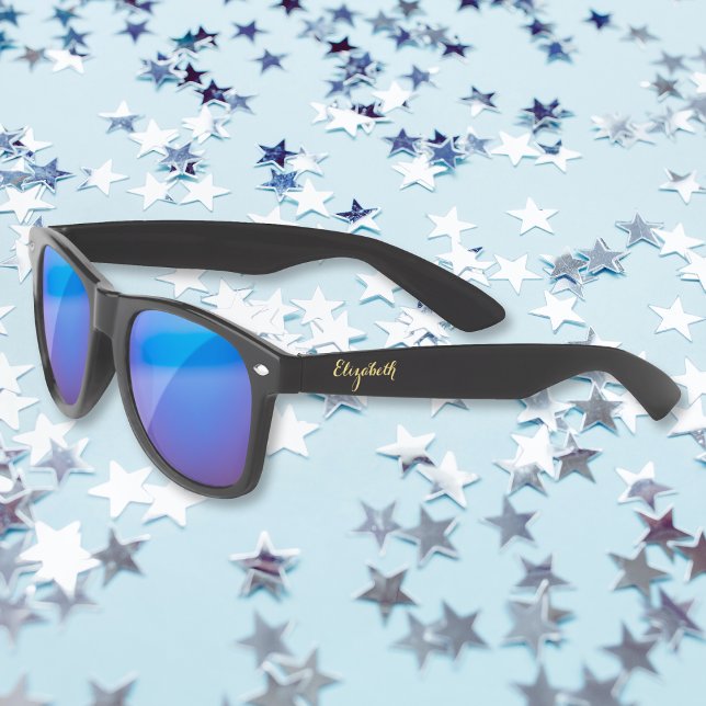 Gold Monogram Retro Cool Black Blue Mirror Party Sunglasses (Gold Monogram Retro Cool Black Blue Mirror Party Sunglasses)