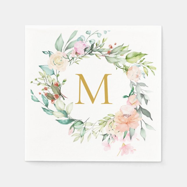 Gold Monogram Roses Garland Floral Napkin (Front)