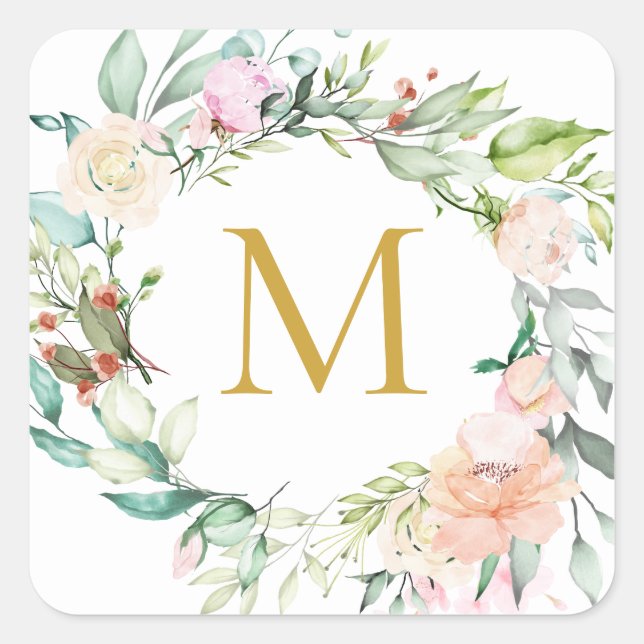 Gold Monogram Roses Garland Floral Square Sticker (Front)