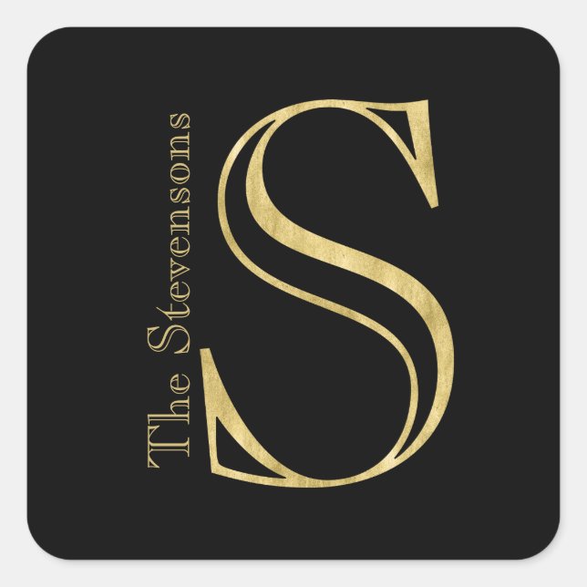 Gold Monogram S and Name on Any Colour Square Sticker (Front)