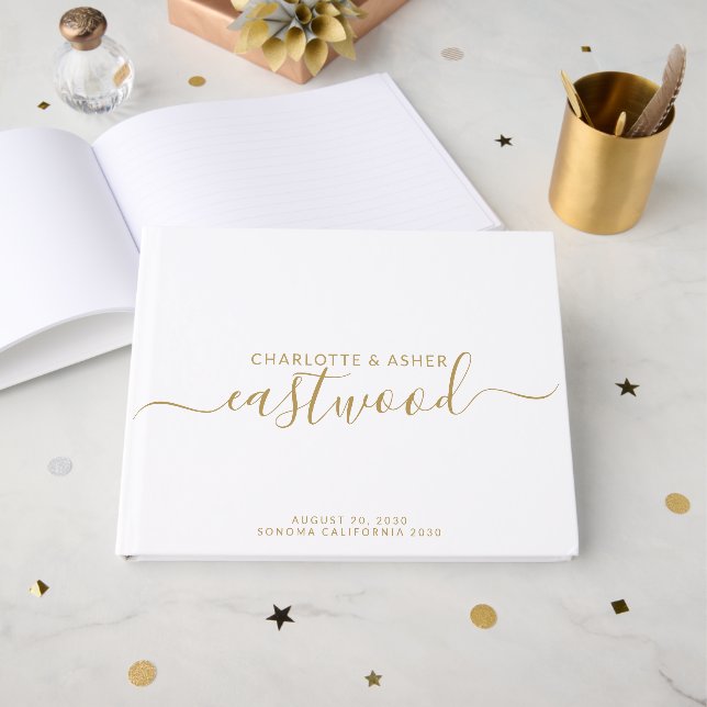 Gold Monogram Script Name  Guest Book (Front Open)