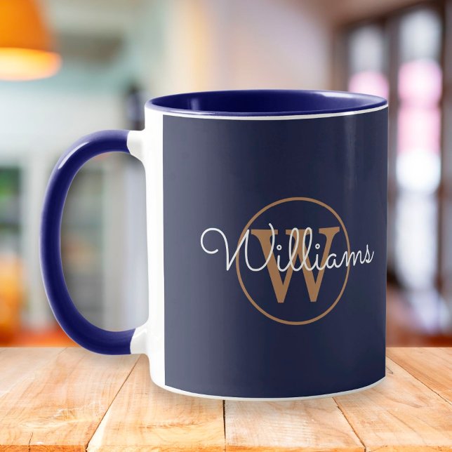 Gold Monogram Script Name Navy Blue Mug (Creator Uploaded)
