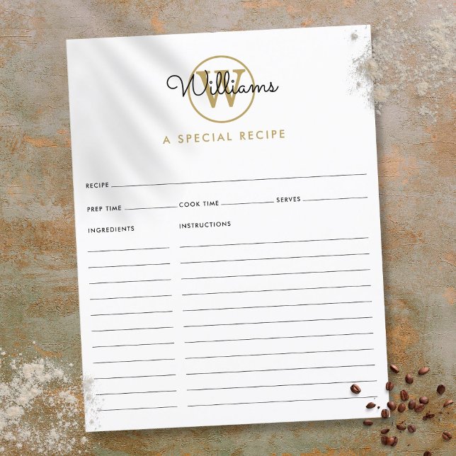 Gold Monogram Script Name Recipe Card (Gold Monogram Script Name Recipe Card)