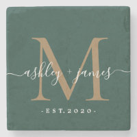 Gold Monogram Script Names Wedding Date Dark Green