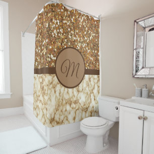 Gold Monogram Shower Luxury Curtains Marble