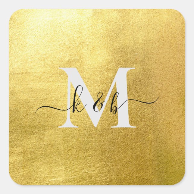Gold Monogram Swash Script Square Wedding Sticker (Front)