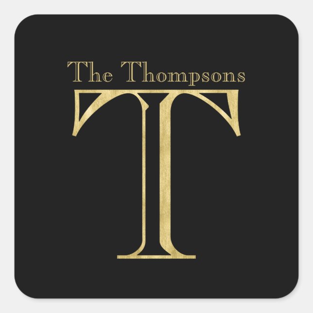 Gold Monogram T and Name on Any Colour Square Sticker (Front)