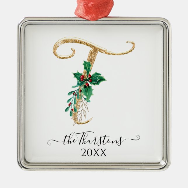 Gold Monogram T Glitter Christmas Holly Foliage Metal Ornament (Front)