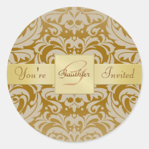 Gold Monogram Tan Damask Invitation Sticker
