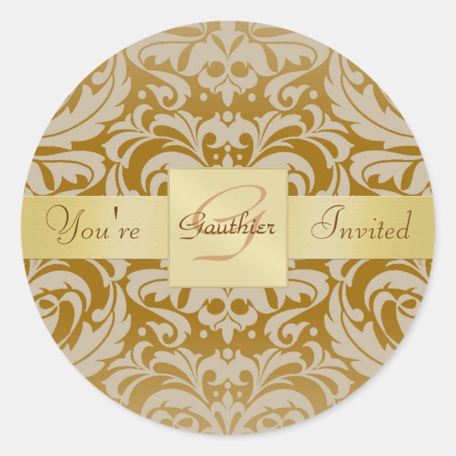 Gold Monogram Tan Damask Invitation Sticker (Front)