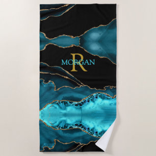 Gold Monogram & Teal Name, Black Gold & Teal Agate Beach Towel