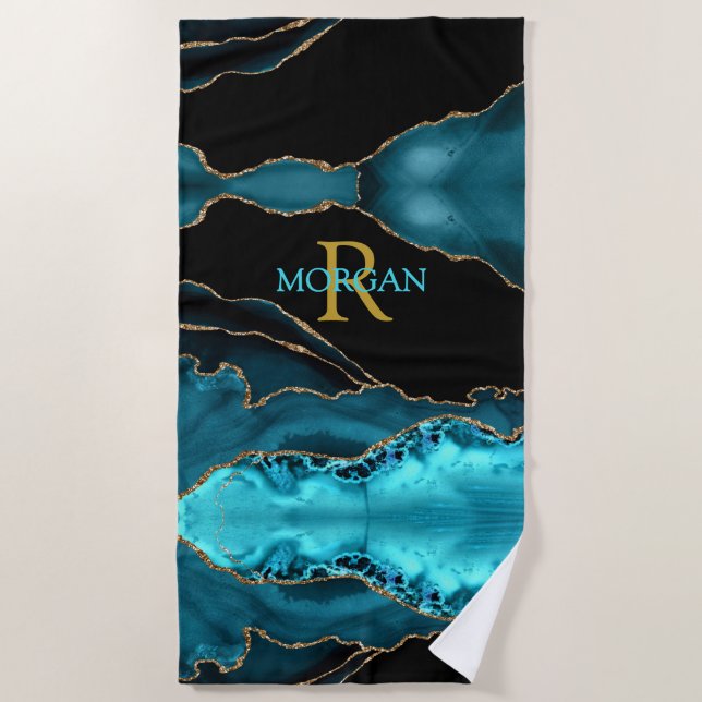 Gold Monogram & Teal Name, Black Gold & Teal Agate Beach Towel (Front)