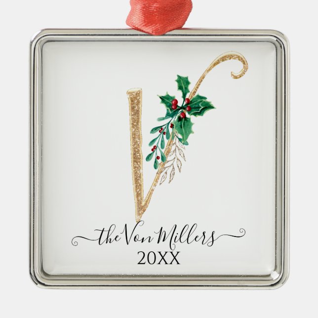 Gold Monogram V Glitter Christmas Holly Foliage Metal Ornament (Front)