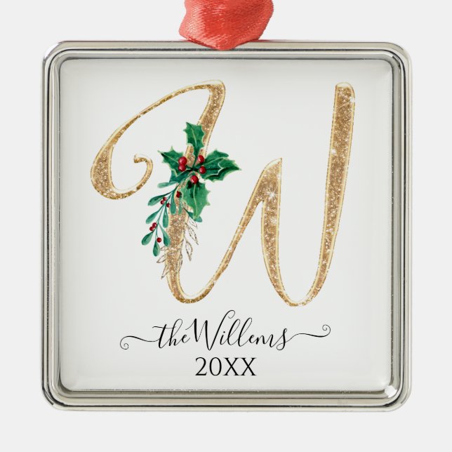 Gold Monogram W Glitter Christmas Holly Foliage Metal Ornament (Front)
