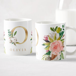 Gold Monogram Watercolor Floral Botanical Coffee Mug