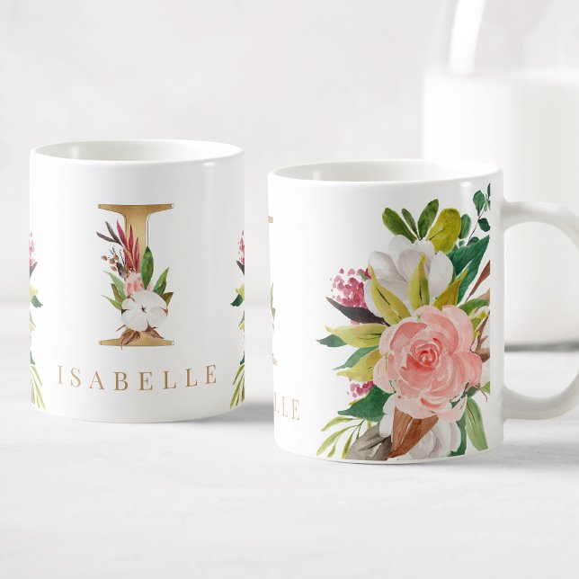 Gold Monogram Watercolor Floral Botanical Coffee Mug (Creator Uploaded)