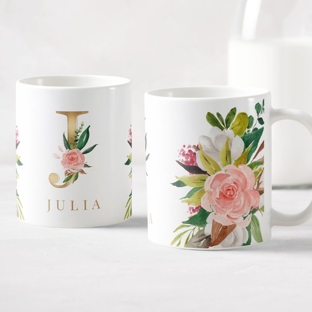 Gold Monogram Watercolor Floral Botanical Coffee Mug (Creator Uploaded)