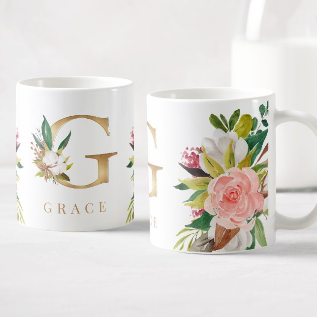 Gold Monogram Watercolor Floral Botanical Coffee Mug (Creator Uploaded)