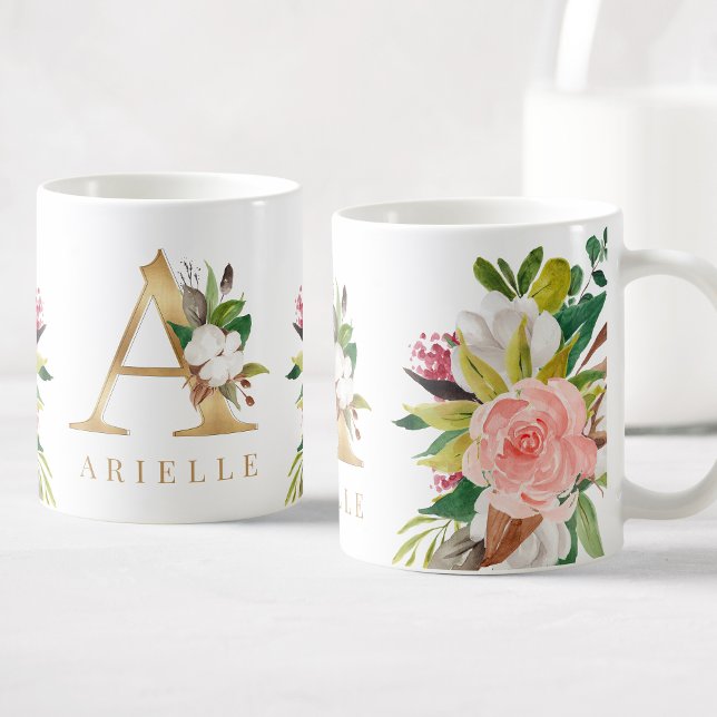 Gold Monogram Watercolor Floral Botanical Coffee Mug (Creator Uploaded)