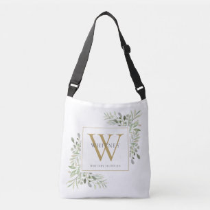 Gold Monogram Watercolor Greenery Crossbody Bag