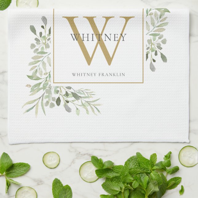 Gold Monogram Watercolor Greenery Tea Towel (Folded)