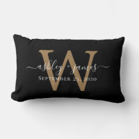 Gold Monogram Wedding Date Black Lumbar Pillow