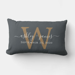Gold Monogram Wedding Date Off-Black Lumbar Cushion