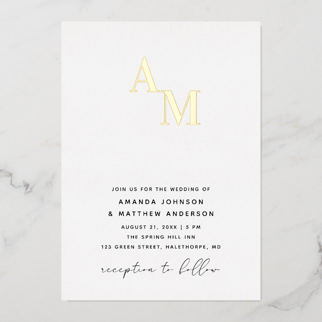 Gold Monogram Wedding. Elegant Minimalist Initials (Front)