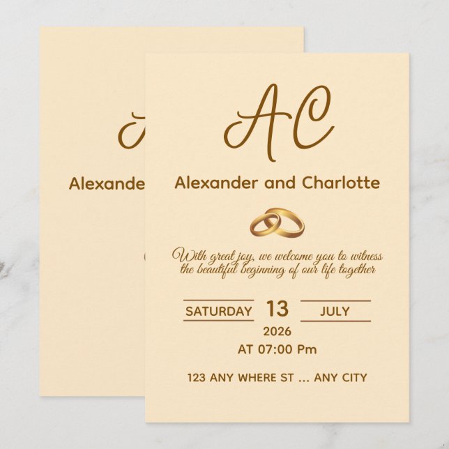 Gold Monogram Wedding Invitation (Front/Back)