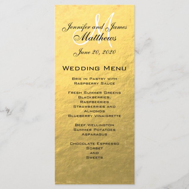 Gold Monogram Wedding Menu Card (Front)