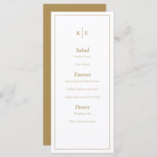Gold Monogram Wedding Menu Card (Front/Back)