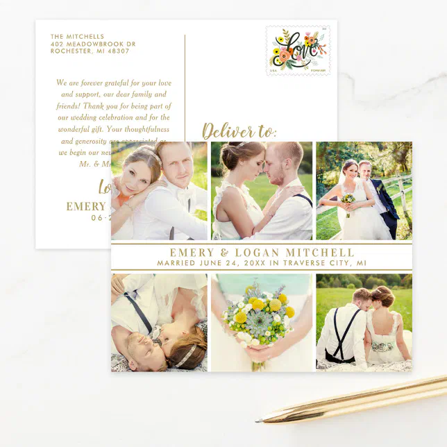 Gold Monogram Wedding Photo Collage Thank you Postcard | Zazzle